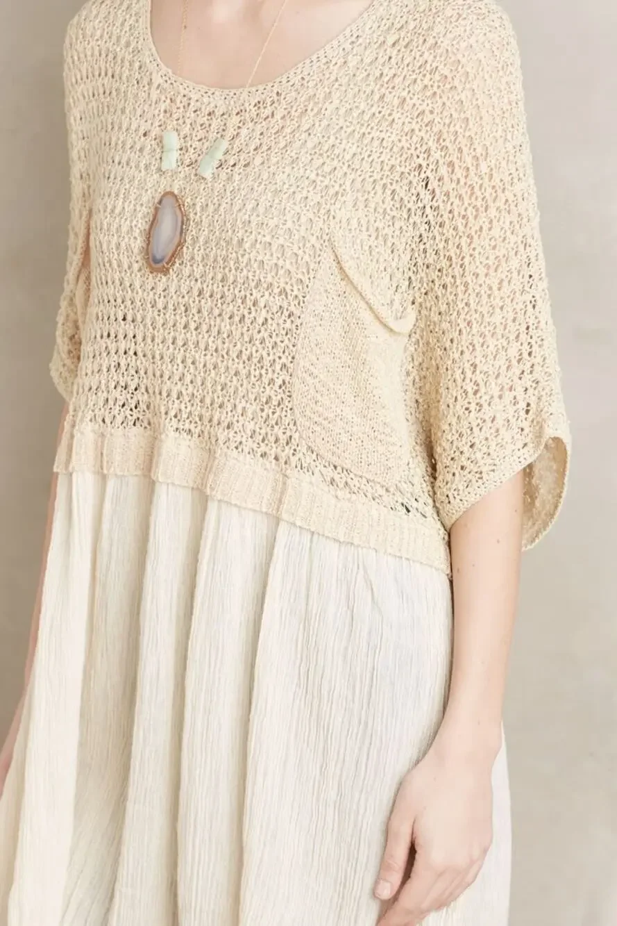 Mes Demoiselles Beige Cream Crochet Crinkle Mixed Media Boho Coastal Tunic Top L